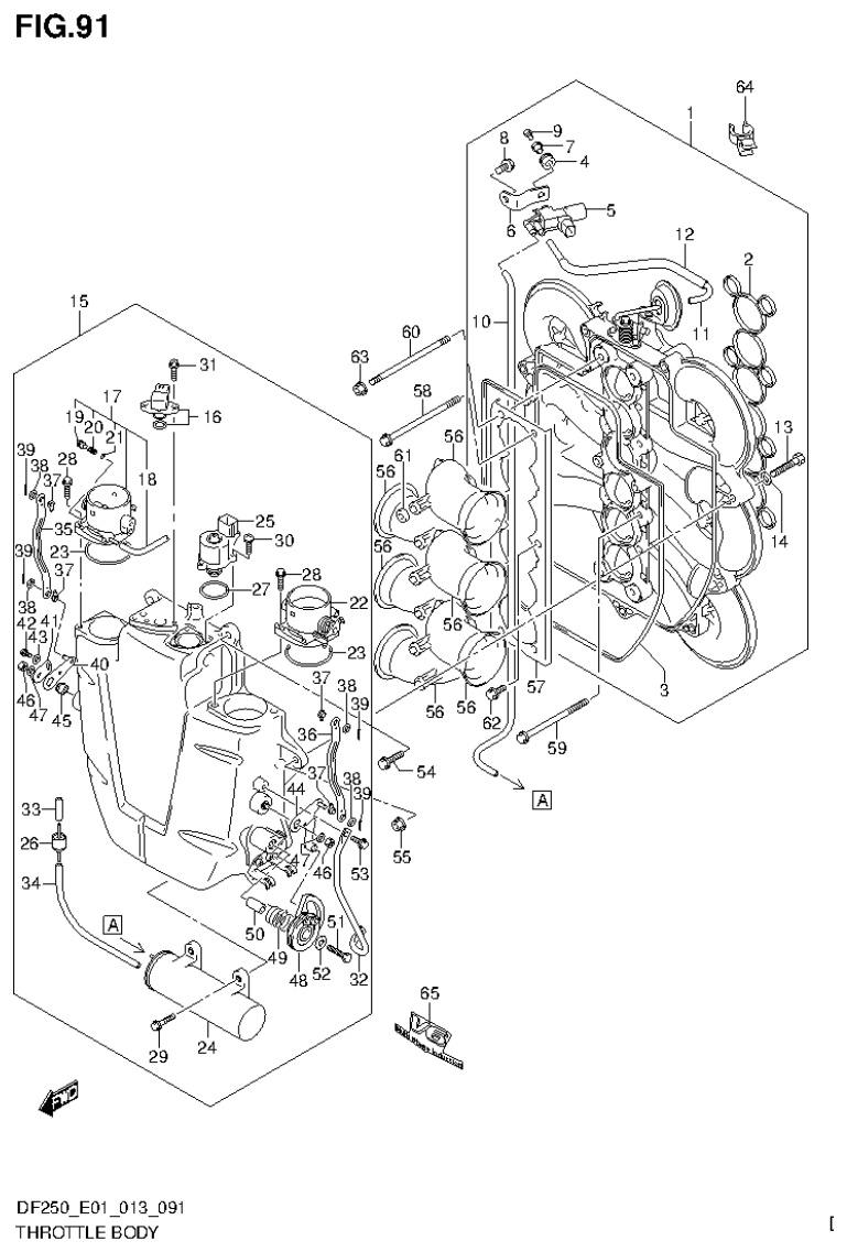 Suzuki DF200T, DF200Z, DF225T, DF225Z, DF250T, DF250Z THROTTLE BODY (DF250Z E40) parts diagram